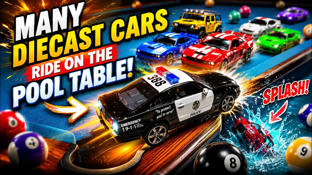 Many diecast cars ride on the pool table