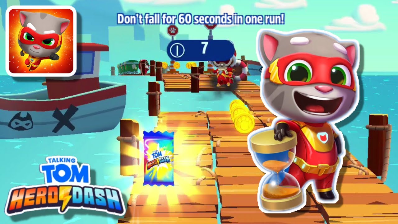 Talking Tom Finding Sticker Albums and does not fall for 60 seconds on Ocean Hop - Tom Hero Dash