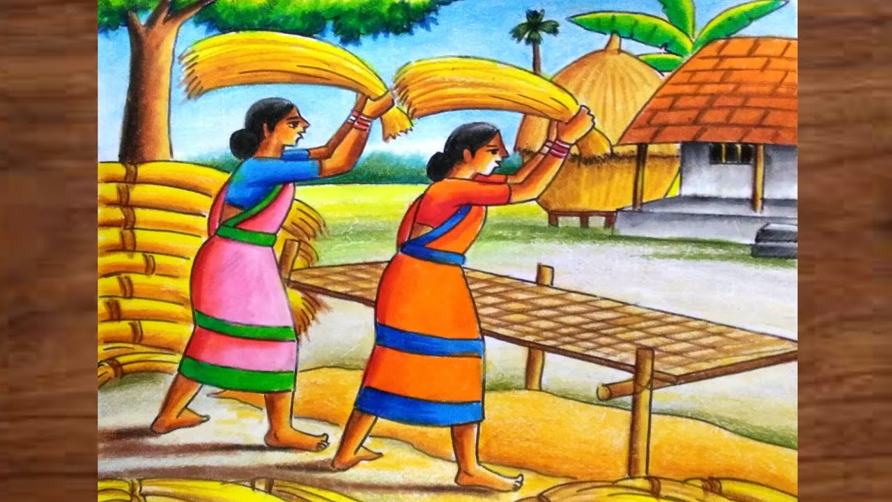 Village working women drawing step by step/working girl drawing with oil pastels