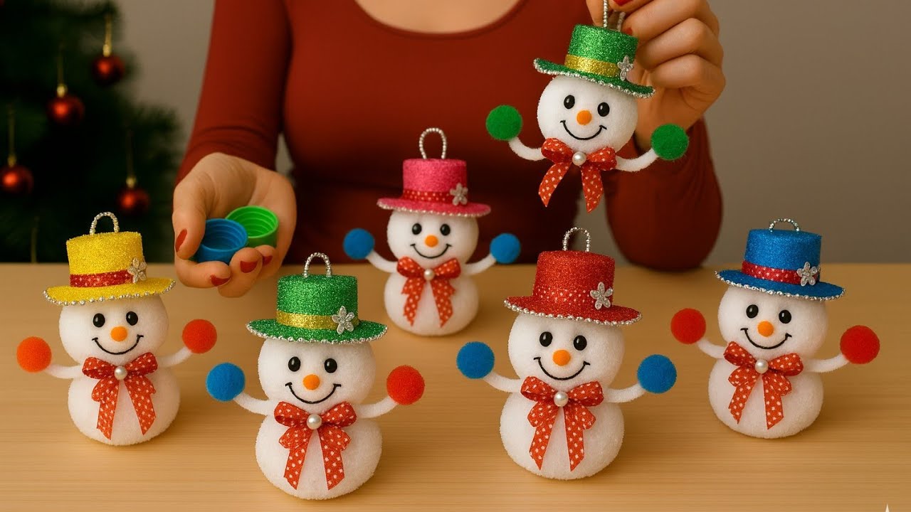 💥Отличная идея из крышек от бутылок / ☃️Простое изготовление снеговика