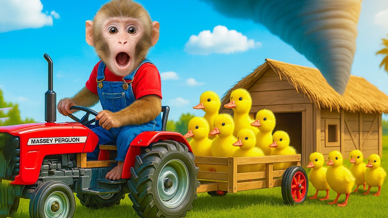 Mono MiMi conduce un carro para transportar patitos para escapar de un peligroso tornado.
