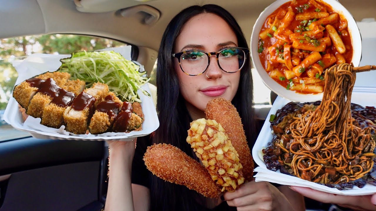 SPICY RICE CAKES, BLACK BEAN NOODLES, PORK CUTLET TONKATSU, CHEESY KOREAN CORN DOGS 먹방 MUKBANG 🧀 🍜