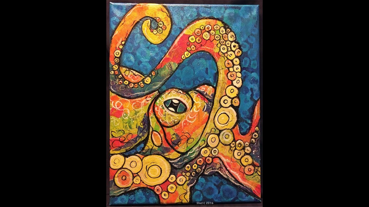 Mixed Media Canvas - Chartreuse Octopus for Winner of 2000 Subscriber Give Away