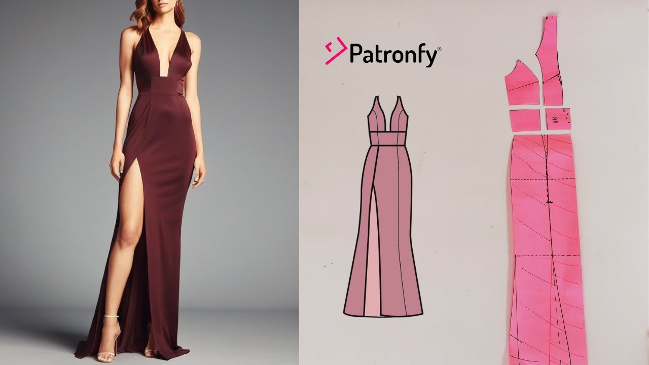 348.-Vestido elegante | Escote profundo | Falda larga con corte en la pierna.