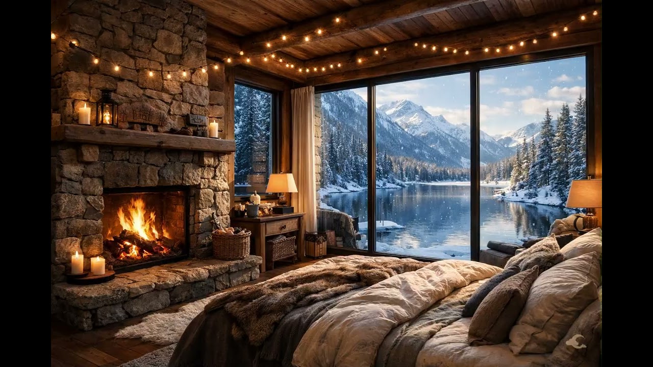 Alpine Winter Cabin at Sunset with Cool Jazz Ambience ❄️ Cozy Fireplace & Lake View
