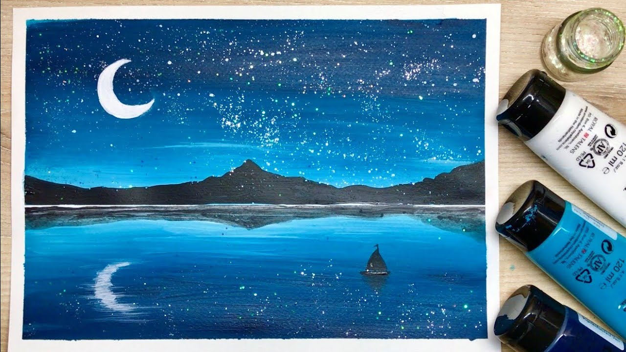 Ep.48 A Glittery Lake Scenery Painting Tutorial | สอนวาด