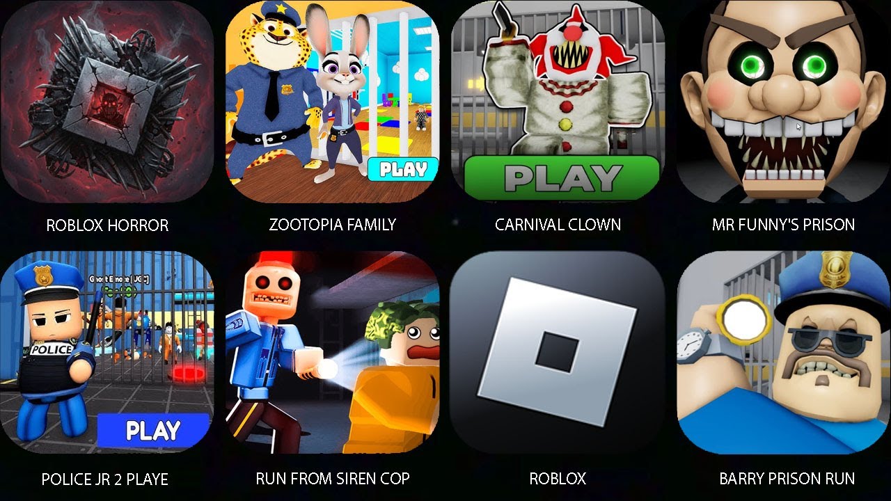 RUN FROM SIREN COP,POLICE JR 2 PLAYER ESCAPE,Roblox,MR FUNNY'S PRISON,CARNIVAL CLOWN,ZOOTOPIA FAMILY