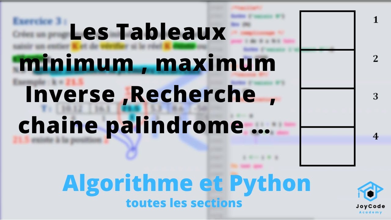Les tableaux | Minimum , maximum , Inverse , Recherche , Chaine palindrome ( Algorithme et Python )