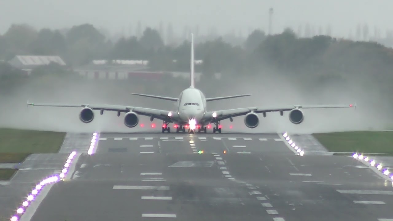 Impressive wet departure from Birmingham Airport of Emirates A380-800 reg A6-EUY.