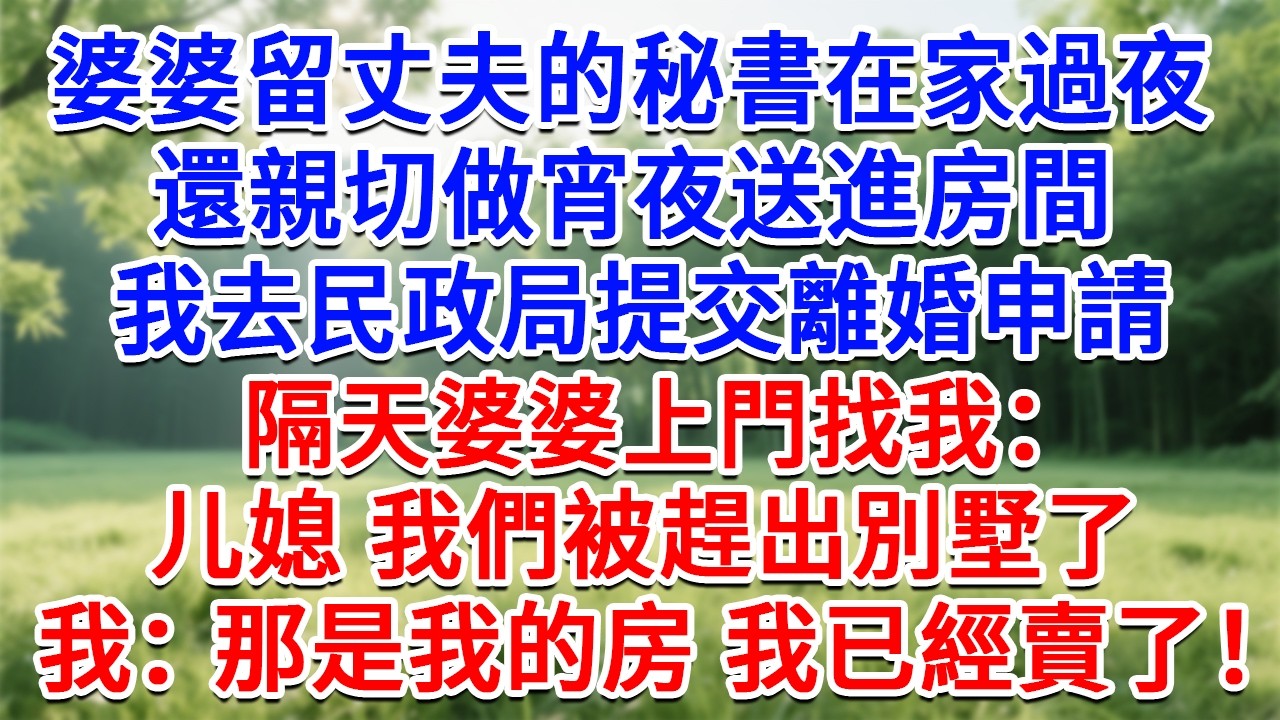 婆婆留丈夫的秘書在家過夜，還親切做宵夜送進房間，我去民政局提交離婚申請，隔天婆婆上門找我：儿媳 我們被趕出別墅了，我：那是我的房 我已經賣了#為人處世#生活經驗#情感故事#故事#小說#戀愛#情感#婚姻