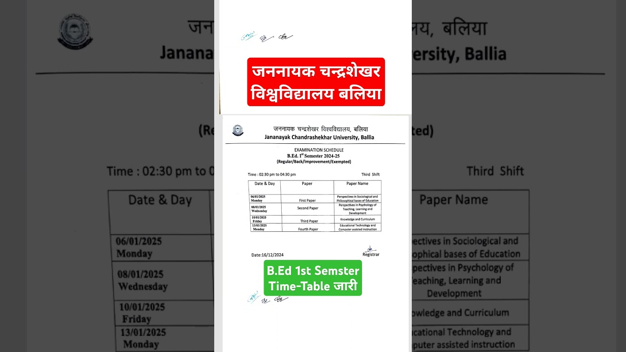 Jncu B.Ed 1st Semester time table जारी