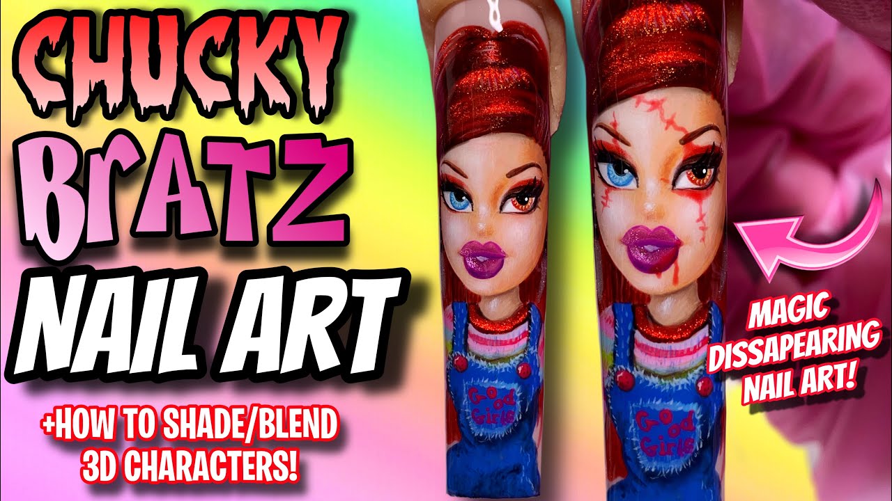 ‼️Урок по маникюру BRATZ в образе Чаки 🔪 Как заштриховывать 3D-персонажей | Исчезающий нейл-арт!