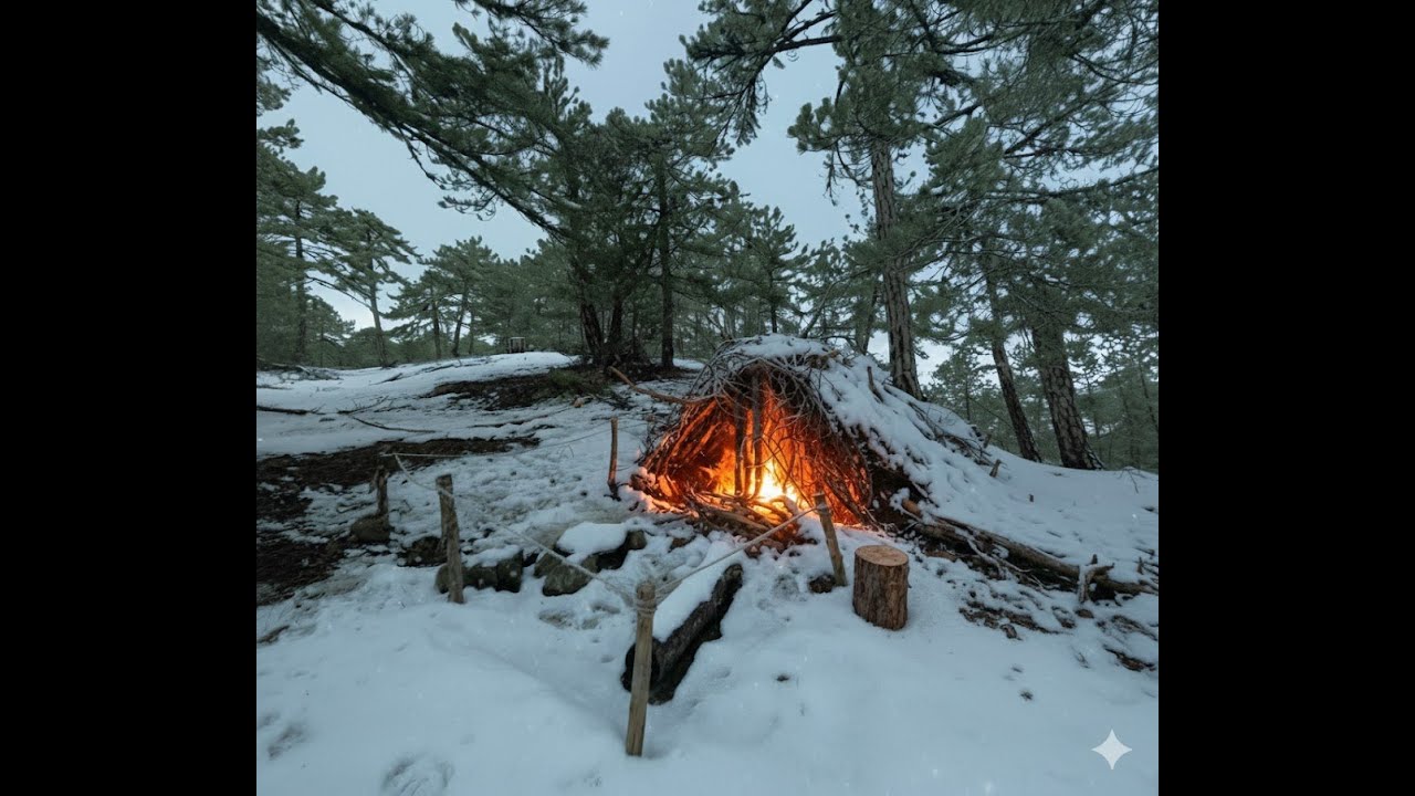 Solo Bushcraft in the Mountains | Shelter, Fire, Food & Snowy Night