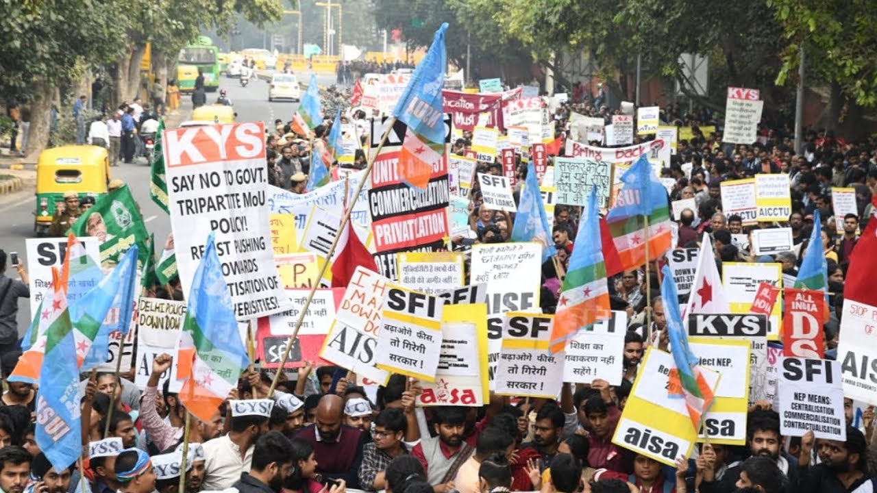 JNU students take out a protest march against the fee hike in New Delhi