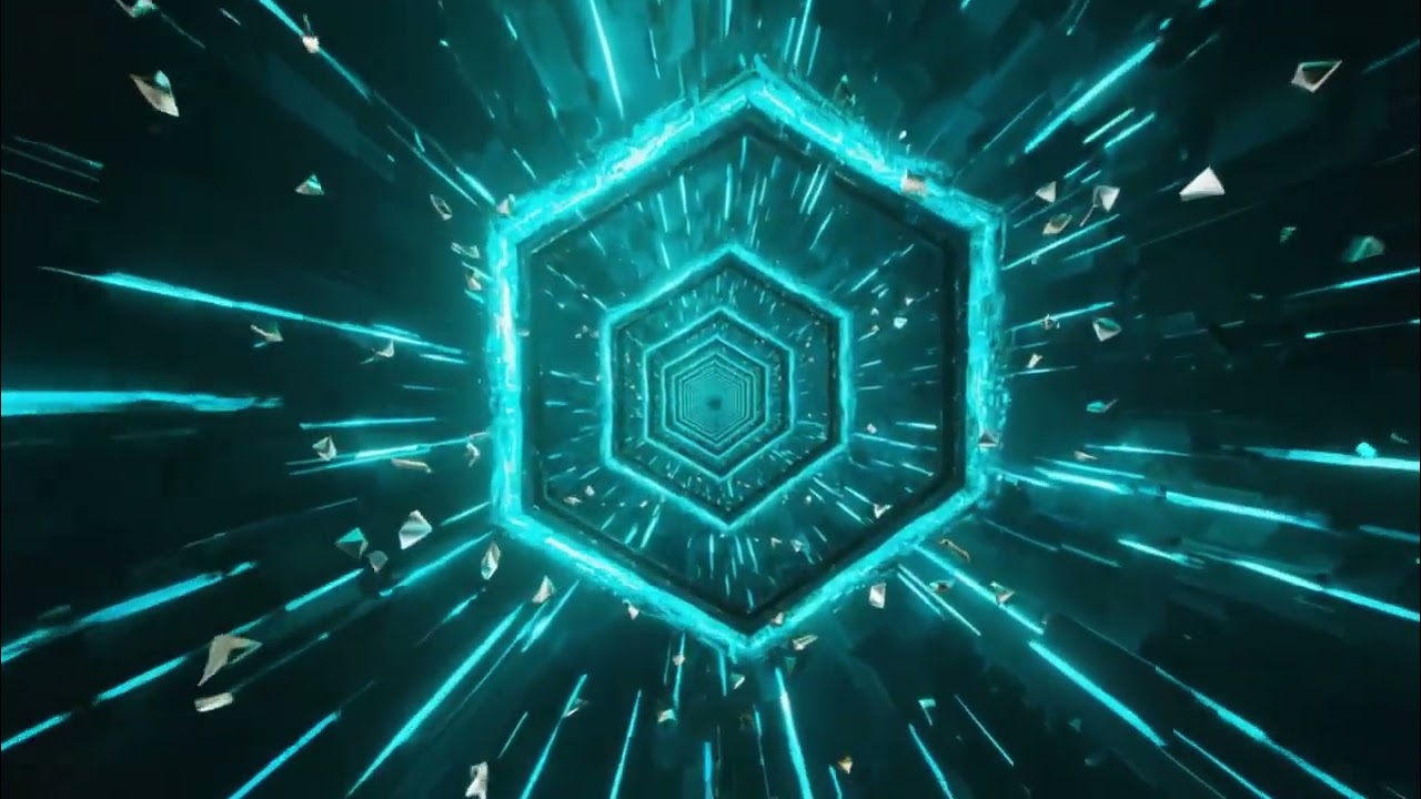 Futuristic Cyan Hexagon Portal Tunnel Neon Glow Fragments Seamless Motion Background Video Loop 4K