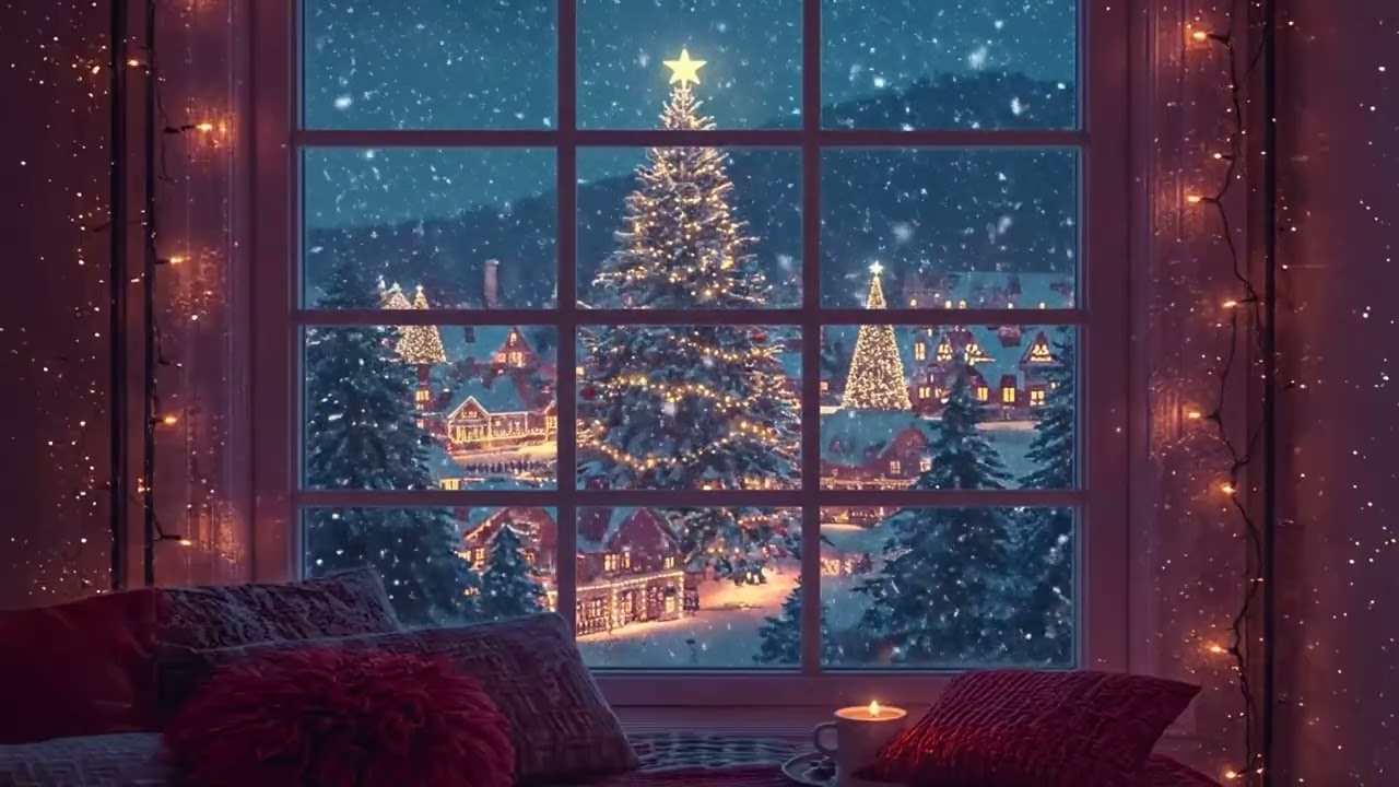 Cozy Room on a Snowy Christmas Night | Peaceful Christmas Village Ambience