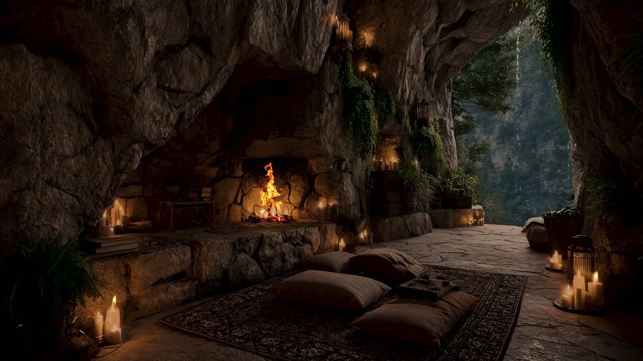 Midnight Rainstorm Inside a Hidden Jungle Cave | Deep Echoes, Thunder & Warm Campfire