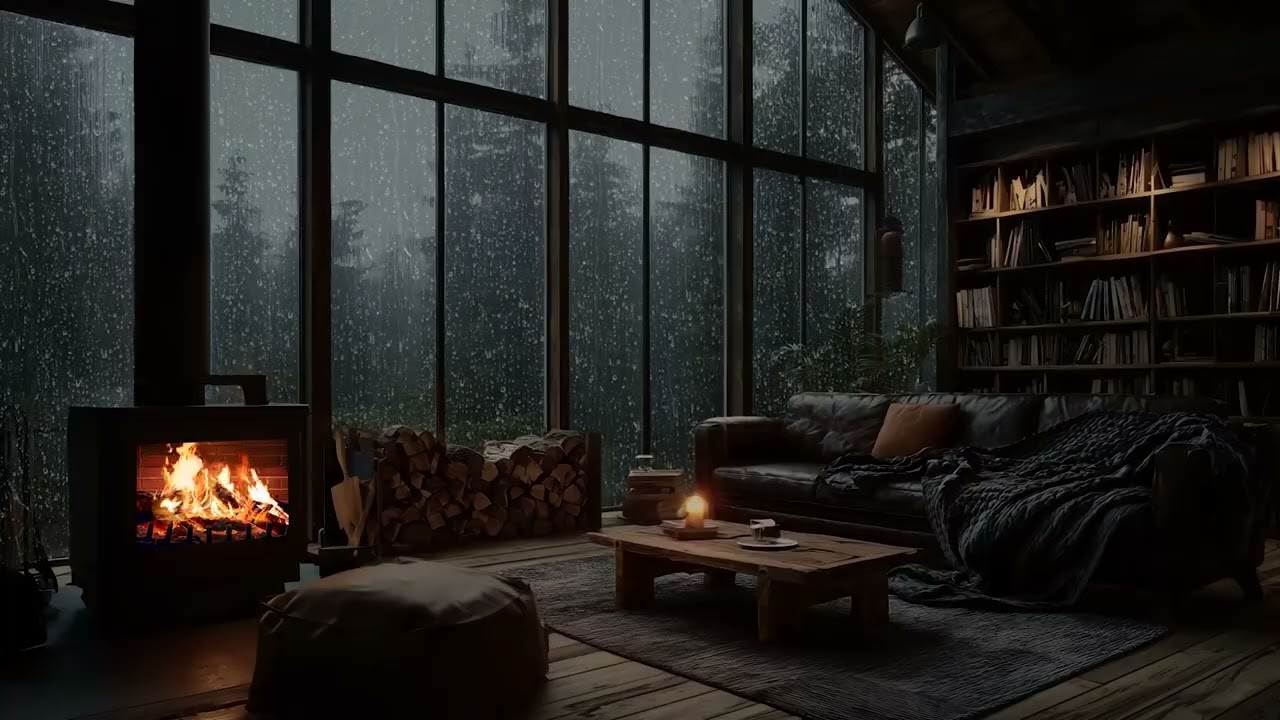 Soft Night Rain with Fireplace Crackling for Calm Meditation and Study