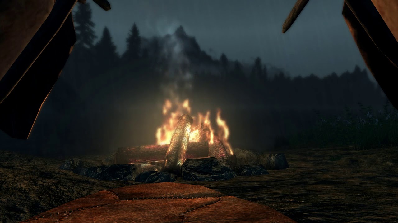 ASMR - Skyrim - Nap Time By Lake and Fire - Ambient Sounds {Rain Storm}