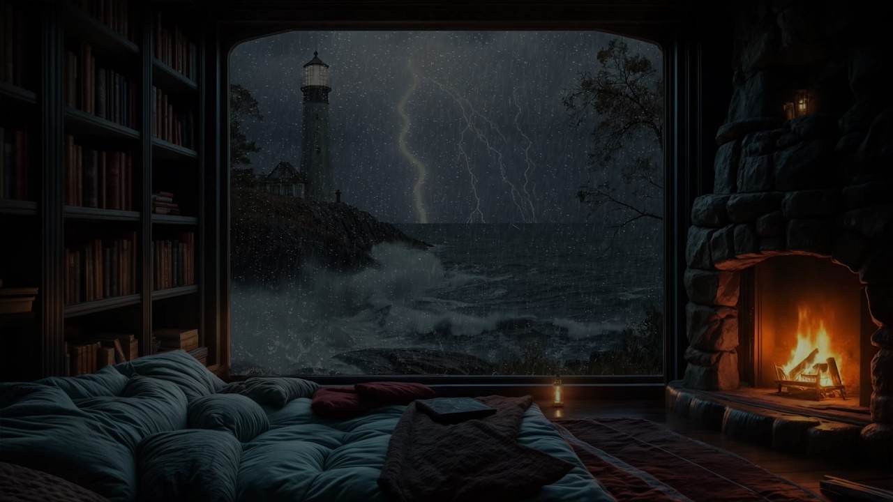 NO ADS🔕Stormy Seaside Night Ambience🌧️ Distant Thunder,Relaxing Rain & Crackling Fire for Deep Sleep