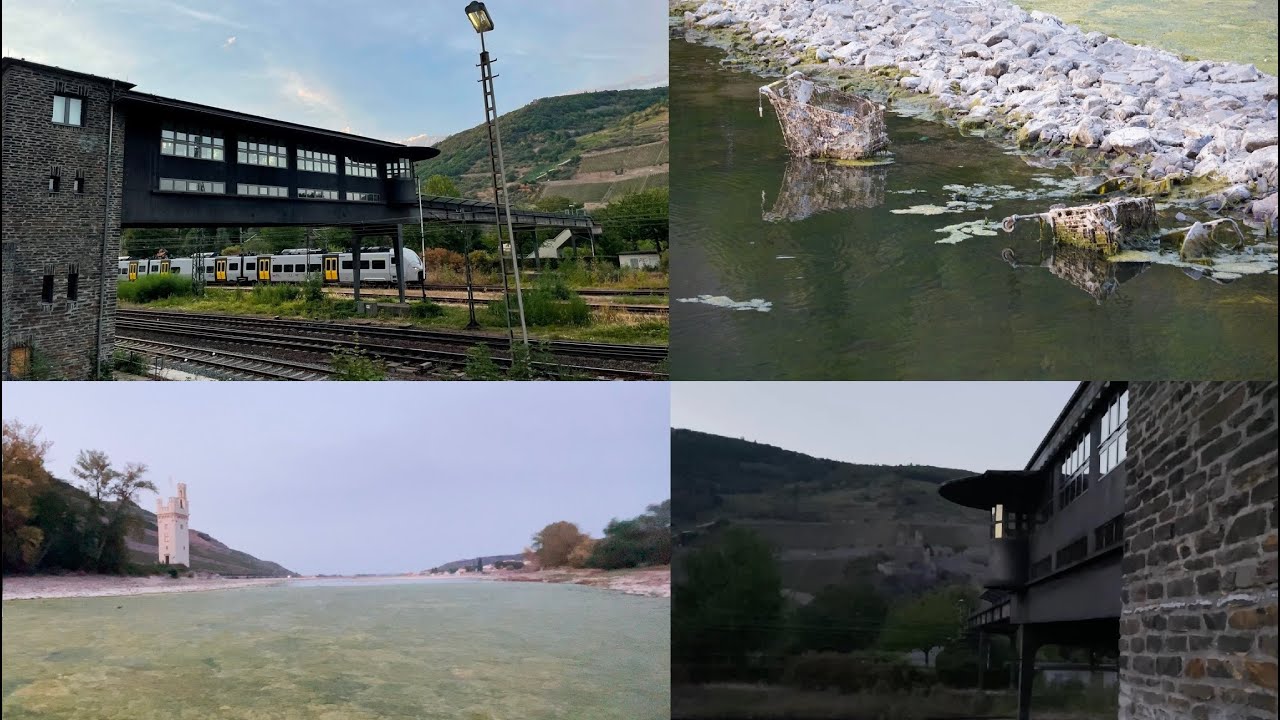 Reiterstellwerk in Bingen Bingerbr&uuml;ck und niedrig Wasser auf dem Rhein ( M&auml;useturm )