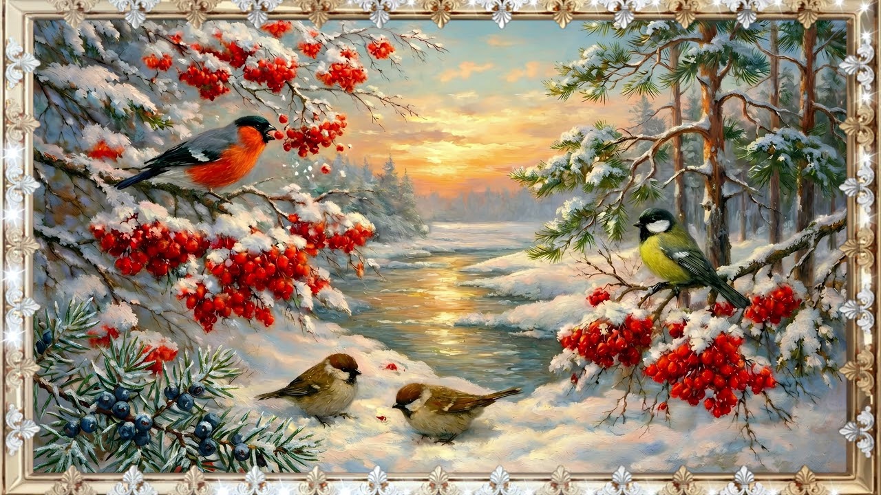 Birds in Winter Silence: 4K Tranquil Snow Landscape with Ambient Glow | Frame TV Art