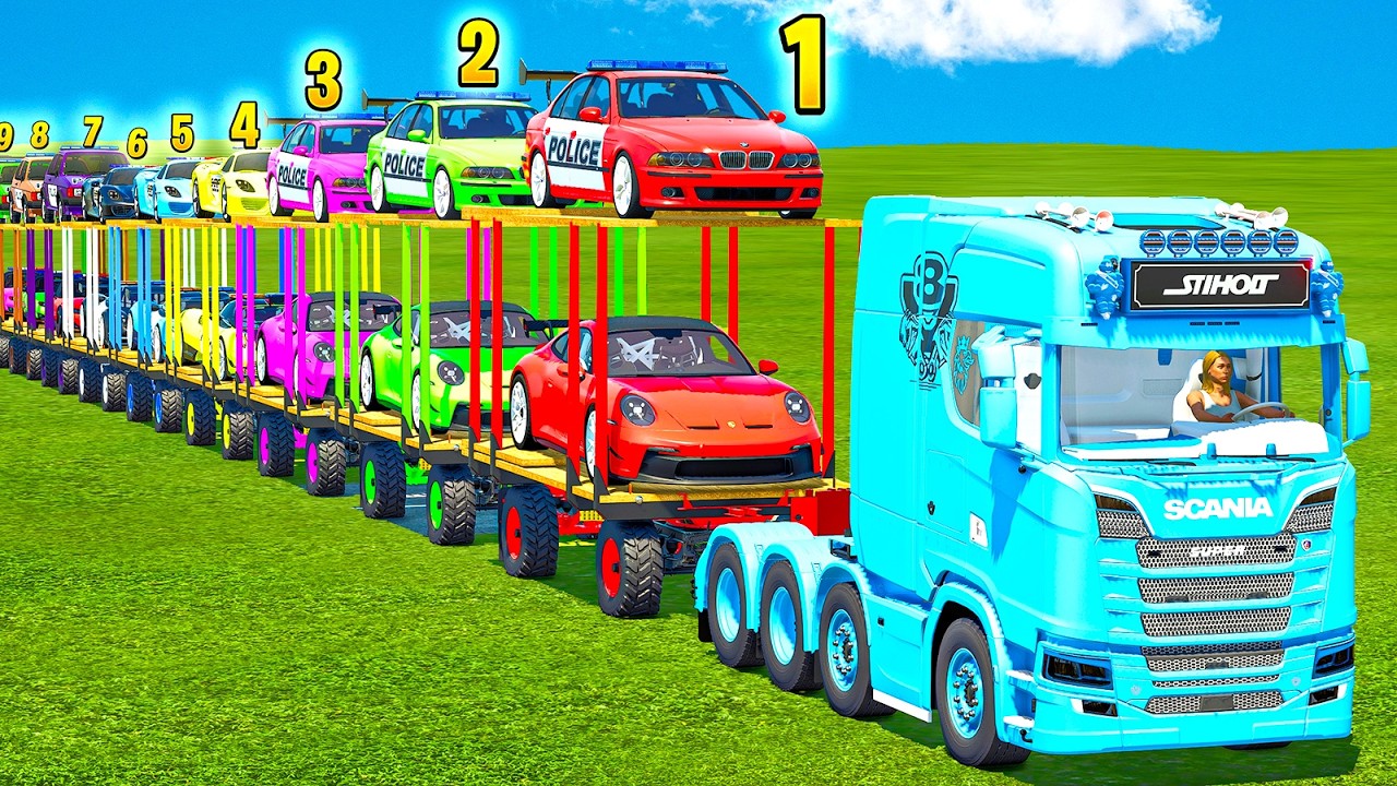 LONG CONVOY TRANSPORT OF COLORS! MAZDA, PORSCHE, GOLF, POLICE, COPS BMW TRANSPORT BATTLE! FS 25