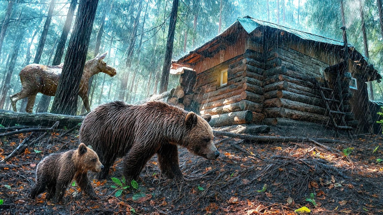 72 Hours Hiding From Wild Animals & Torrential Rain in My Forest Cabin