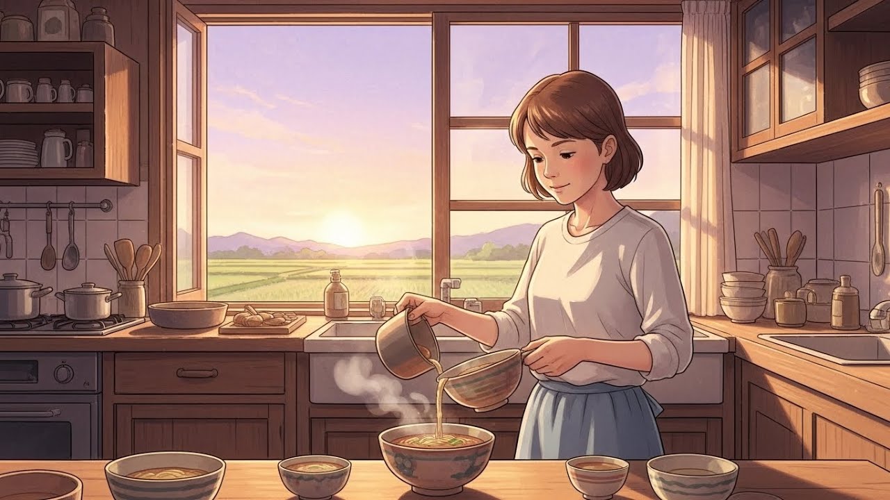 The Last Train Home at Sunset | A Quiet Noodle Dinner in the Countryside | Ghibli-Style ASMR