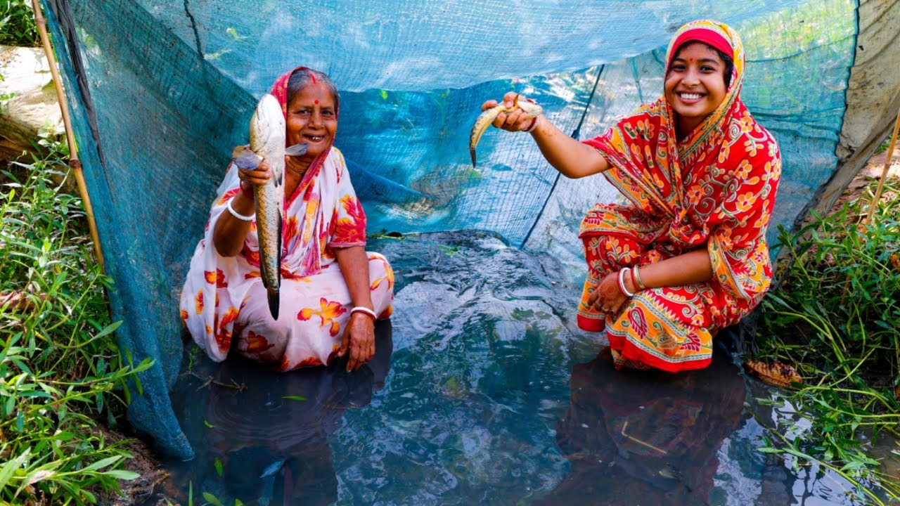 নালার থেকে মাছ ধরে রান্না | Traditional net fishing & Cooking |