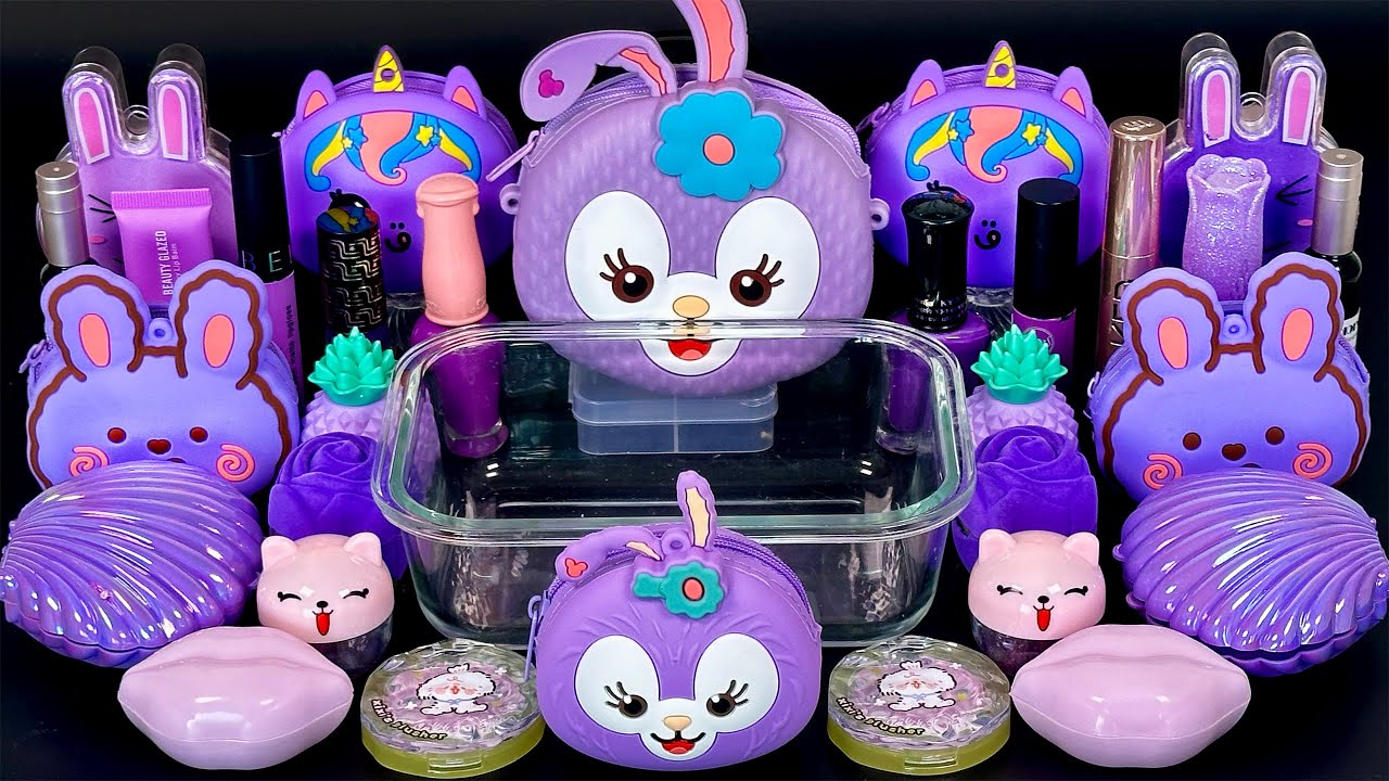 PURPLE SLIME 💜 Mixing purple Makeup Glitter and Beads into Clear Slime. ASMR Slime triggers.