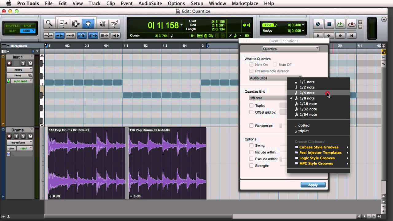 Quantizing Audio and MIDI in Pro Tools