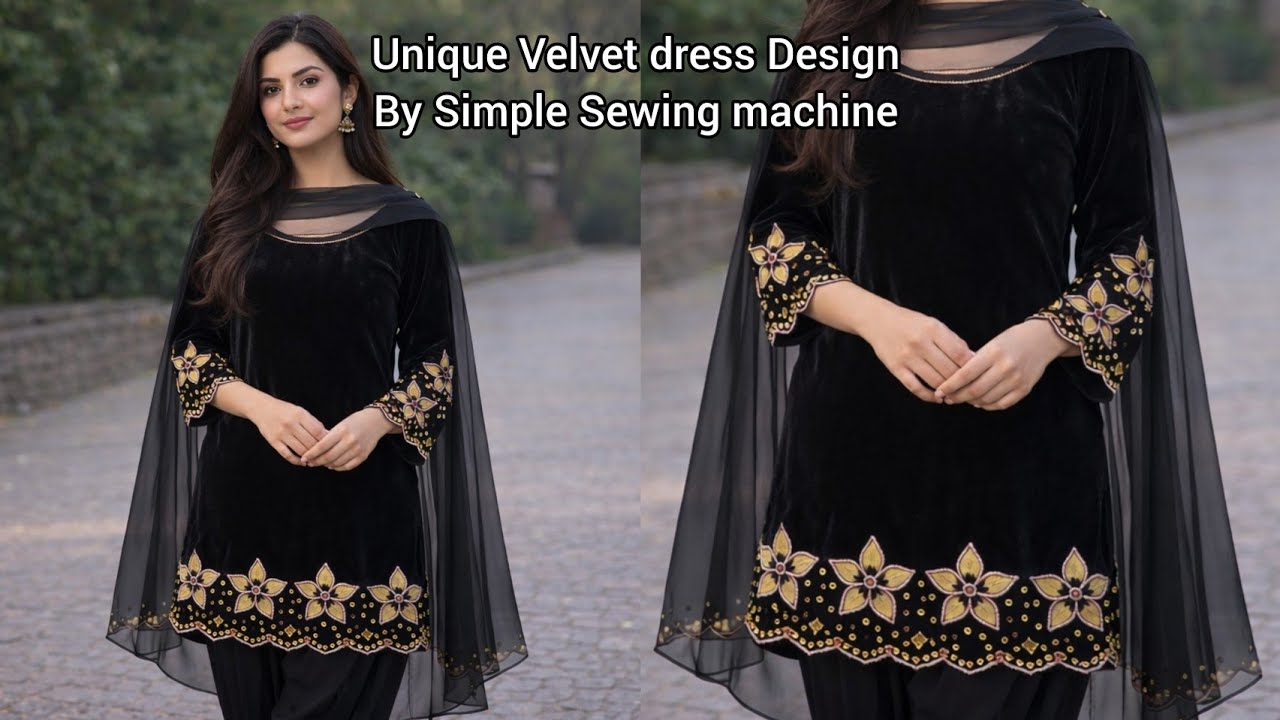 Trendy Winter Party Wear Velvet Dress Design _ Unique Velvet Cutwork Daman & Sleeves Design