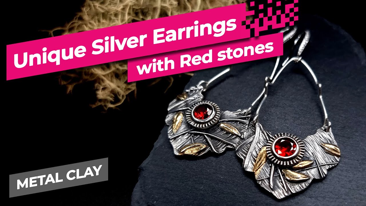Amazing Silver Earrings with Red Cubic Zirconia and gold accents on leaves! How to make | Metal Clay