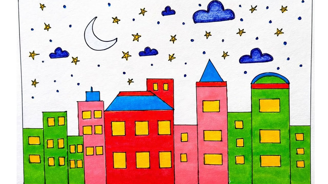 Easy City Night Drawing 🌙 | Step by Step Colourful Building Art for Beginners