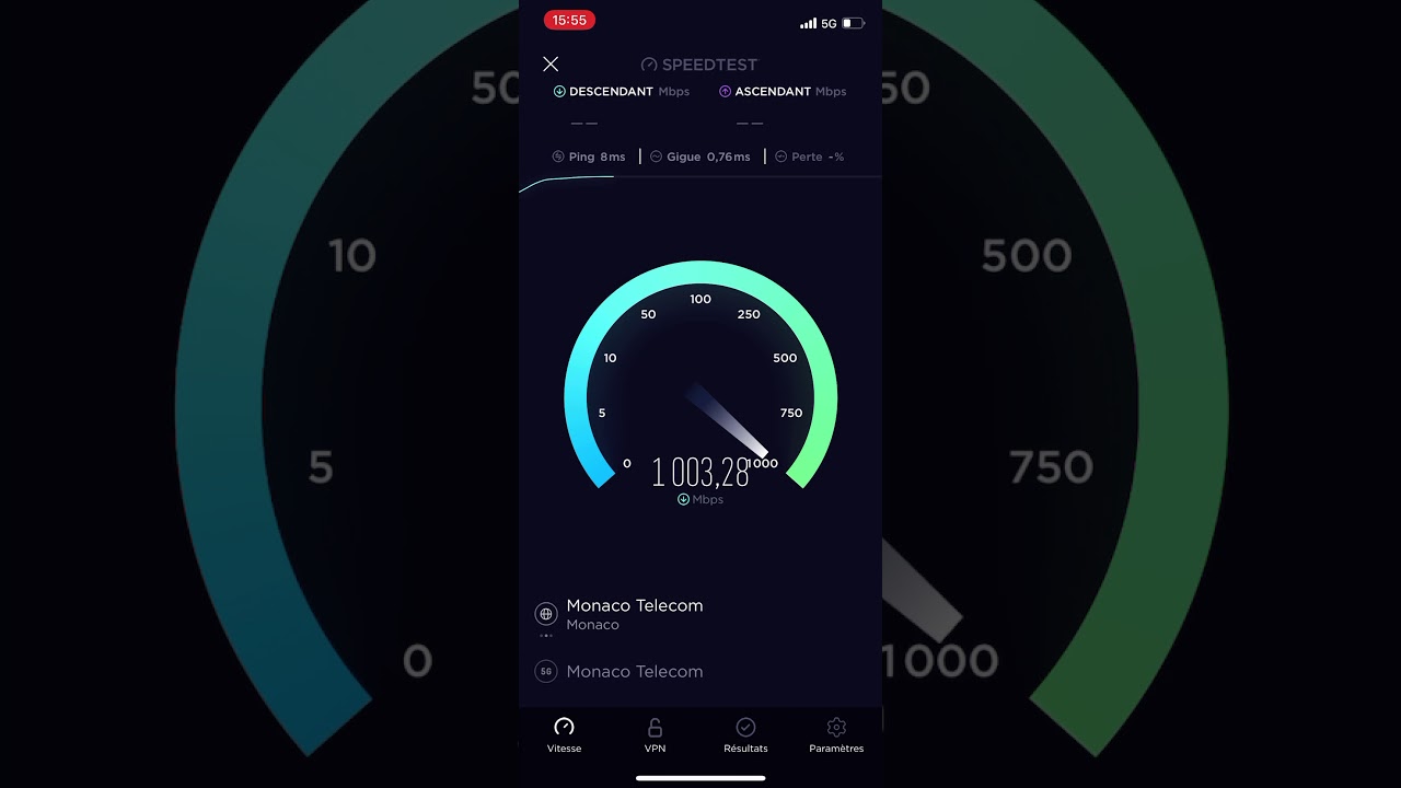 Speedtest 5G NSA n78 (3.5GHz) iPhone 12 pro Monaco Telecom