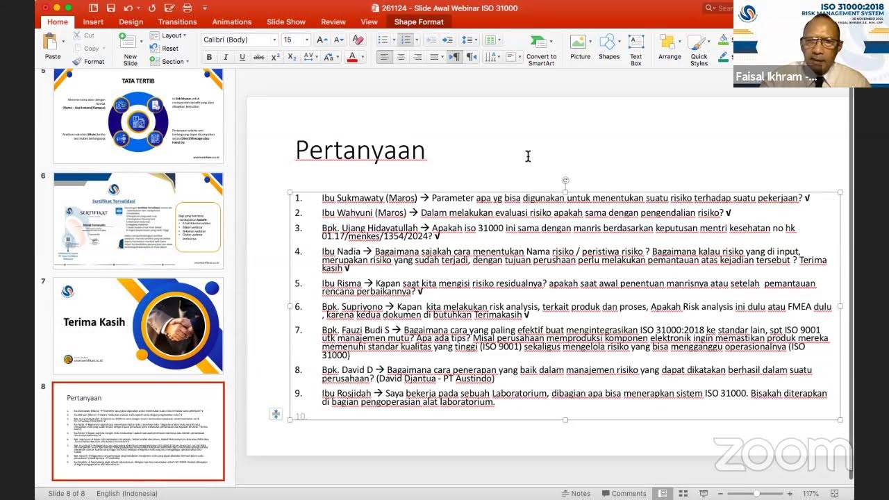 Webinar ISO 31000:2018 Sistem Manajamen Risiko bersama Bapak Dr. Faisal Ikhram, S.E., M.M., CRP.