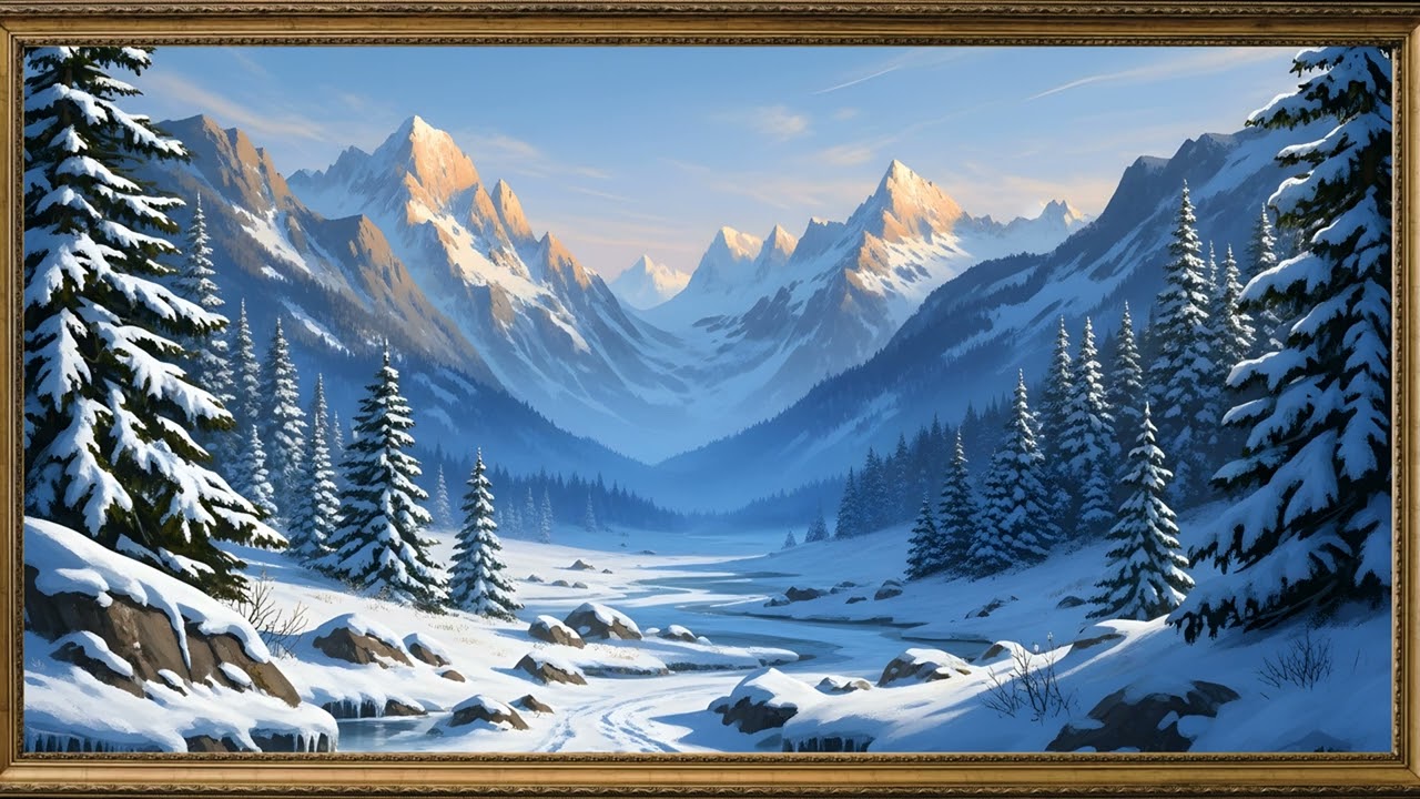 Snowy Mountain Valley 4K TV Art | Winter River Landscape Screensaver | Relaxing Nature Background