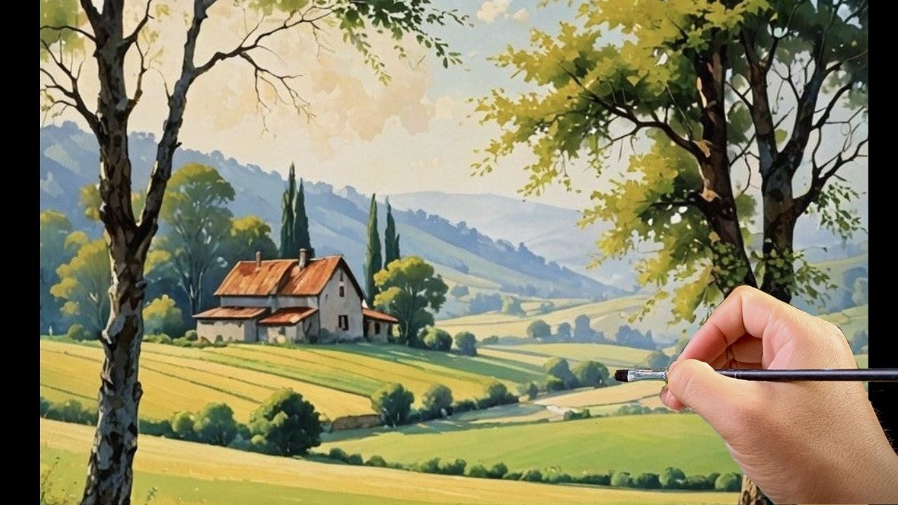 🎨 How to Paint a Peaceful Countryside Landscape | #32 | Easy Acrylic Painting for Beginners