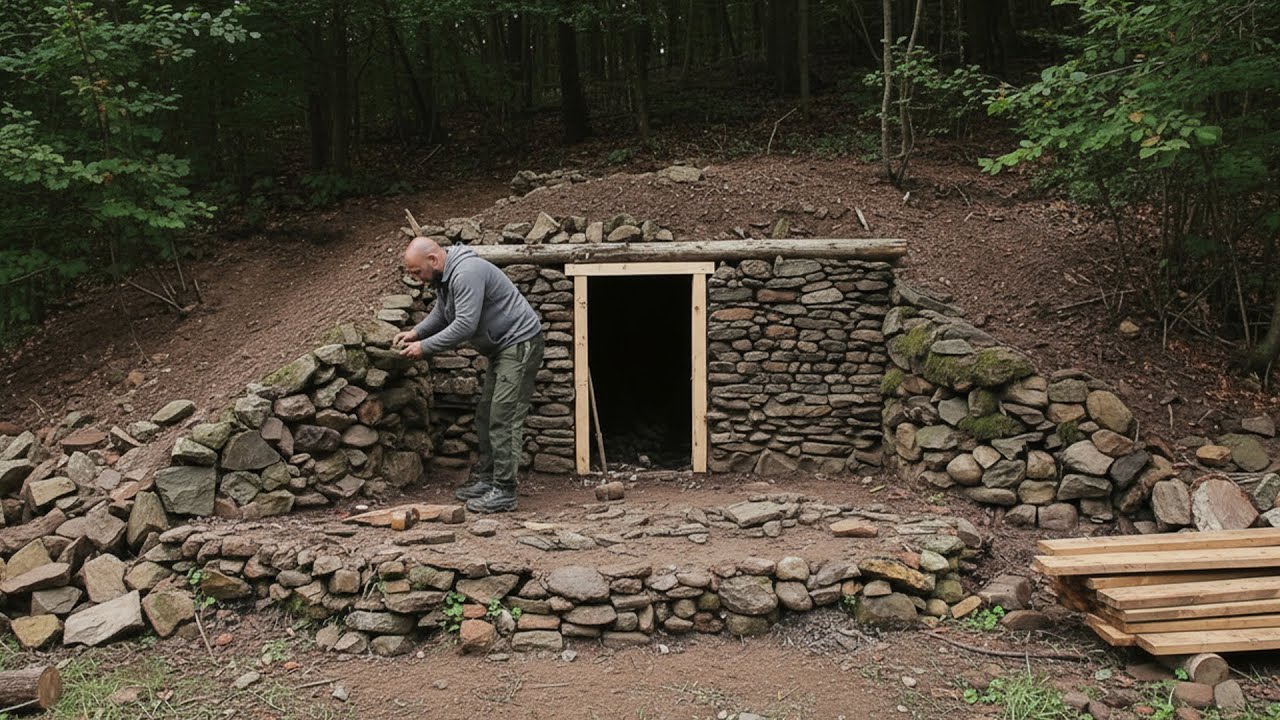 Building a Stone Dugout Alone in the Wilderness