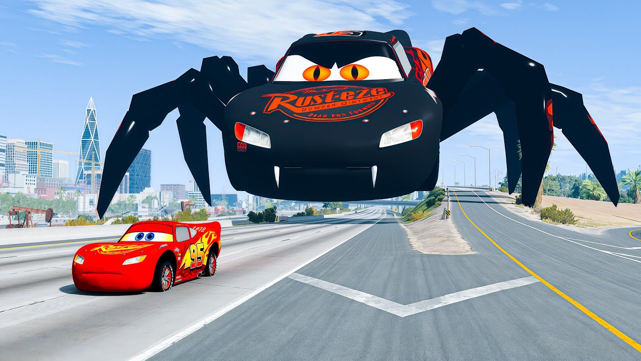 Epic escape from Lightning McQueen Eater, Mater Spider Eater, Burger Eater  BeamNG.Drive
