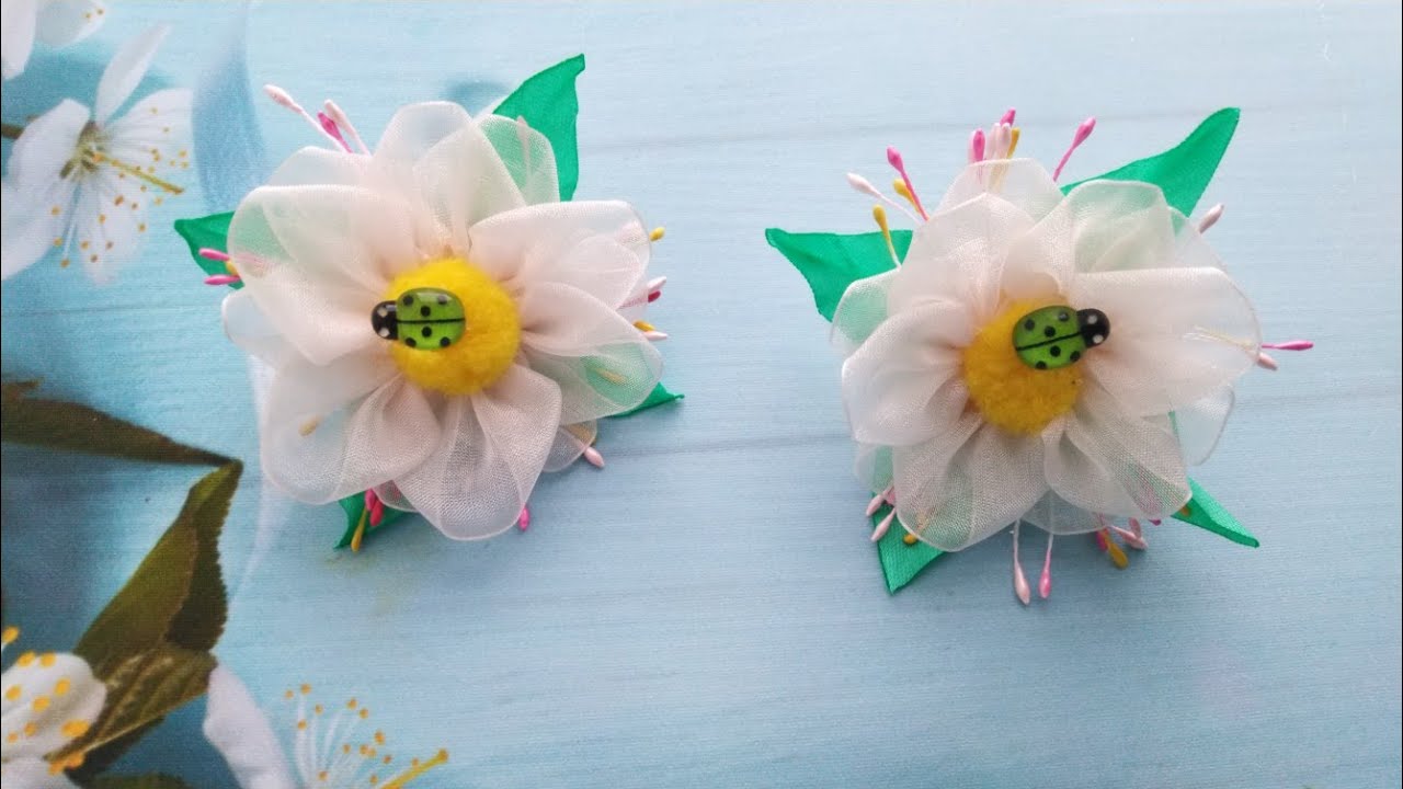 Весенние цветочки из органзы 2,5 см / Beautiful Ribbon Bow / Bow tutorial / Kanzashi
