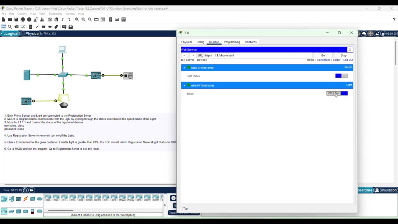 how to configure light photo sensor in cisco packet racer