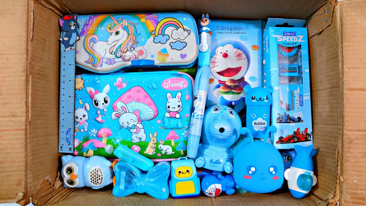 Unboxing Showing Blue Stationery📚, Storage Box, Doms Kit, Notebook, Highlighter, Ruler, Pen, Erasner