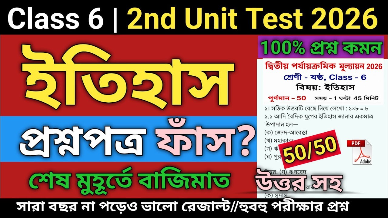 Class 6 History Second Unit Test Question Paper 2026 | Class 6 history 2nd unit test suggestion 2026