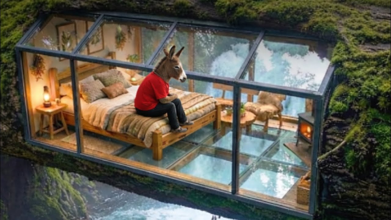 Donkey Living in a Secret Glass Tree House Over Waterfall 🫏 | Cozy Underground Room 