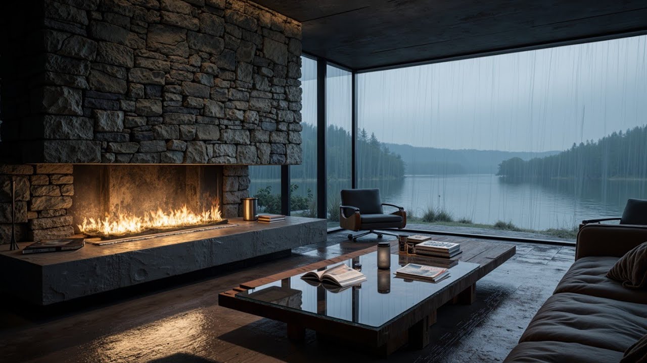 Warm Jazz Cabin Vibes ~ Rainy Day Fireplace Ambience & Relaxing Smooth Jazz