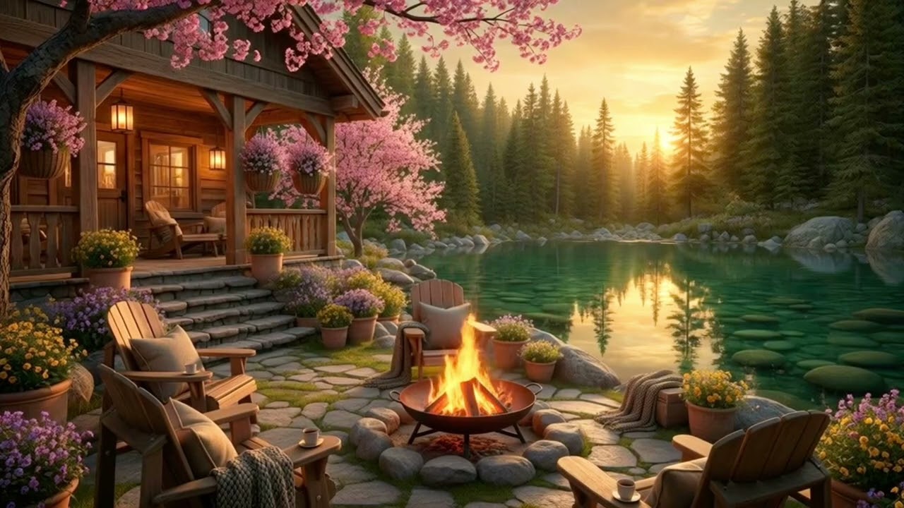 Golden Sunset Riverside Cabin Campfire 🌲🔥 Soft Piano, Lake & Blossom Ambience