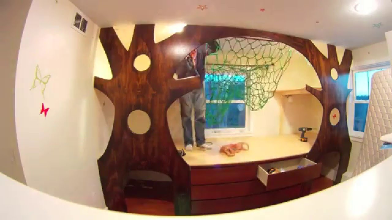 DIY Kid's Indoor Treehouse Bedroom Makeover Time Lapse on a budget w/ a hammock