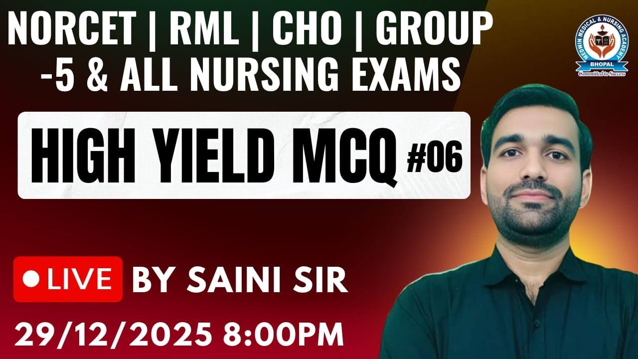 High yield MCQ for NORCET-10 | RML| RRB |  CHO | GROUP-5 STAFF NURSES AND ALL NURSING EXAMS